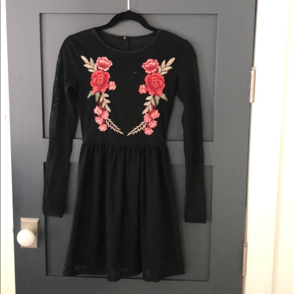 Black mesh mini skater dress w/ flower embroidery